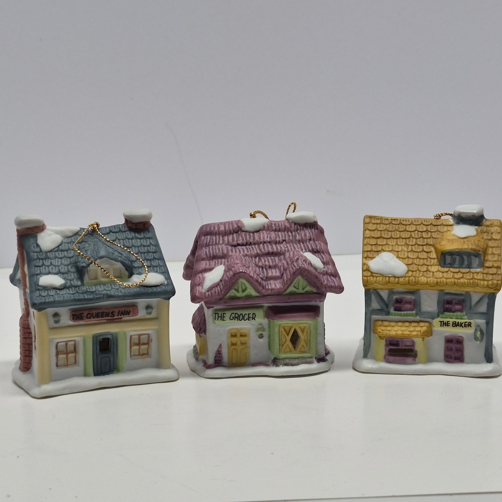 Vintage 1991 Reader's Digest Ceramic Christmas Village Ornaments Set of 3 Houses